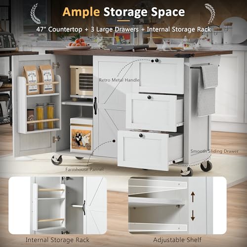 Kitchen Island with Storage, Rolling Kitchen Island Cart On Wheels with Power Outlet & Drop Leaf Countertop