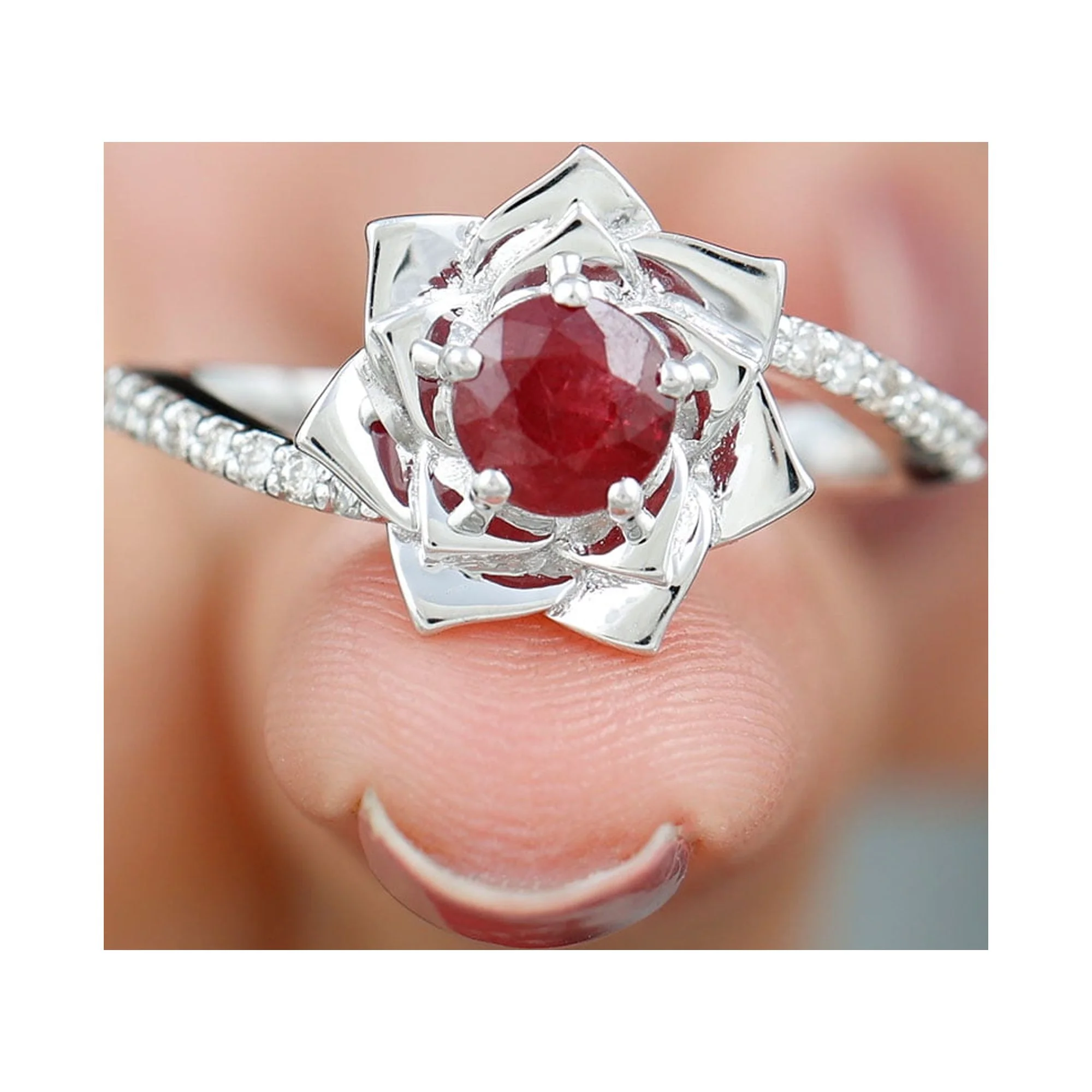 Natural Ruby Rose Floral Ring with Diamond for Women (5 mm) - 1 CT, AAA Grade, 925 Sterling Silver, US 4.00