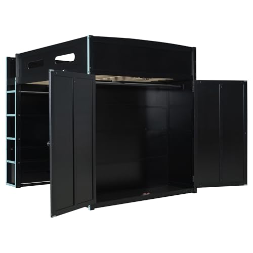 Gaming Bed with Desk,Wardrobe,Ample Storage Space,and RGB LED Light, Full Size Wood Loft Bed for Kids Bedroom (Cloud Blue/K)