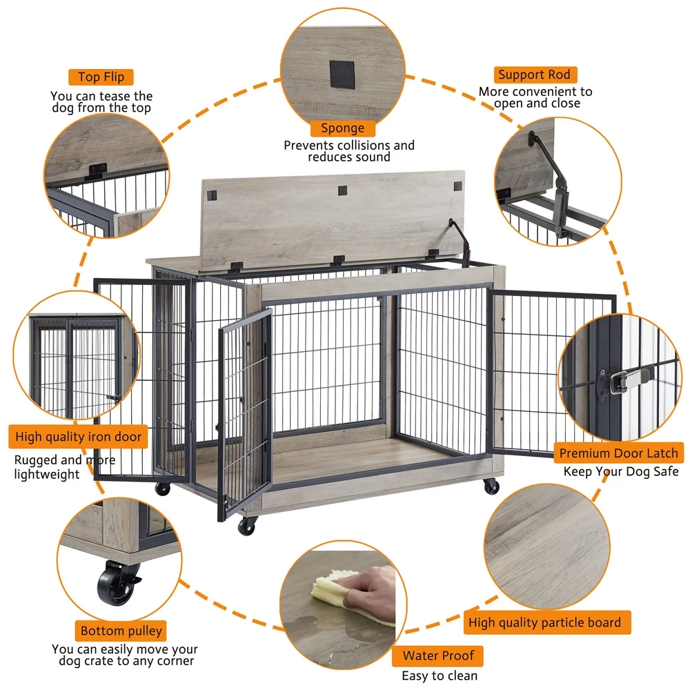 Lausatek Double Doors Wire Wood Dog Kennel Indoor with Divider Panel,Wooden Dog Crate Furniture,Dog Crate End Table with Tray