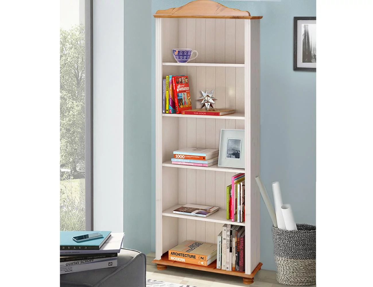 RealRooms Chester 5 Shelf Open Bookcase, White and Honey