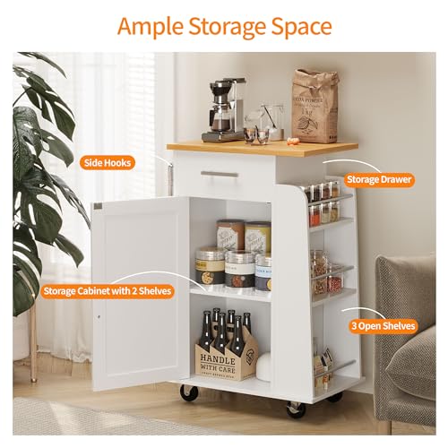 Shintenchi Rolling Kitchen Island Cart with Folding Drop Leaf Breakfast Bar, Portable Trolley Island with Large Storage Cabinet, Shelf and Drawer
