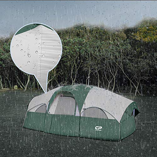 CAMPROS CP Tent 8 Person Camping Tents, Weather Resistant Family Tent, 5 Large Mesh Windows, Double Layer, Divided Curtain for Separated Room