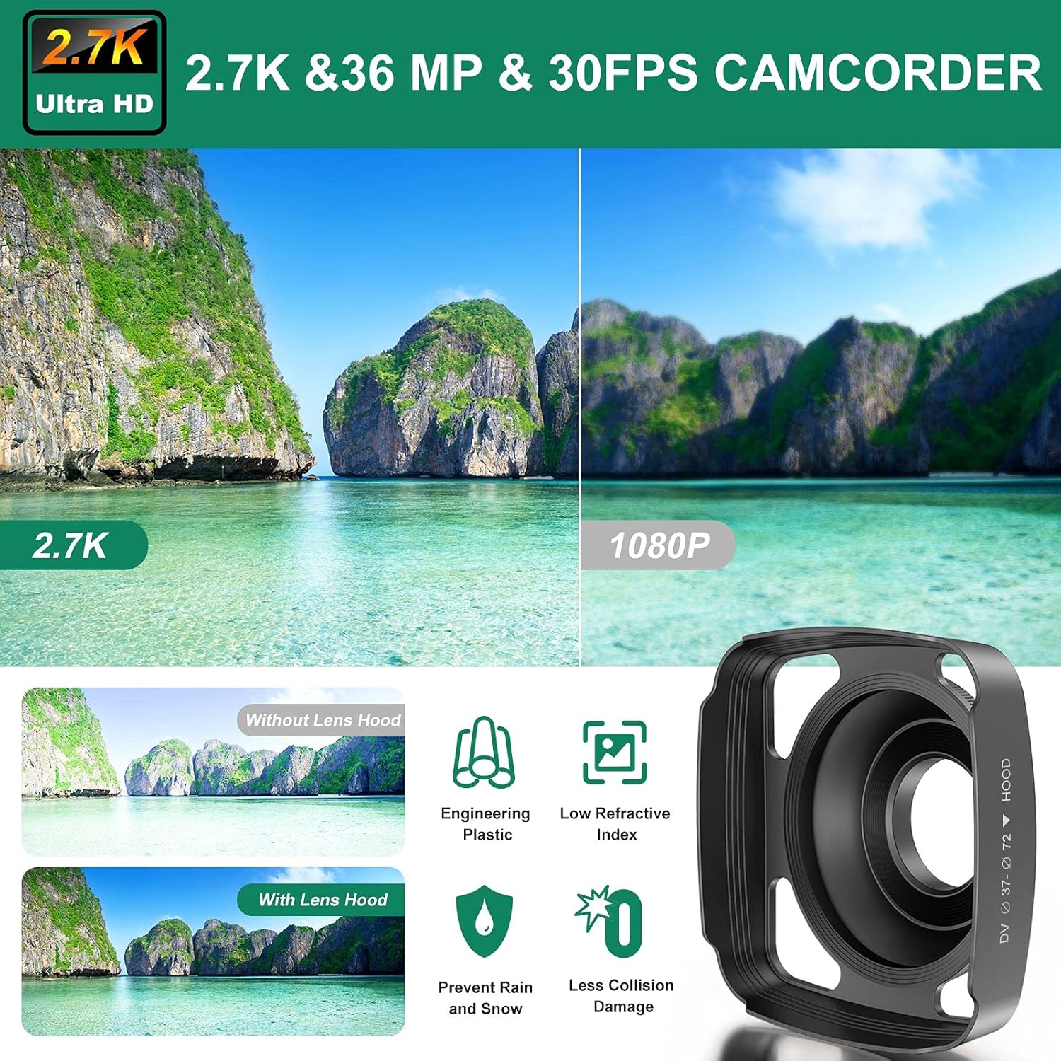 Video Camera Camcorder 2.7K Ultra HD 36MP YouTube Vlogging Camera IR Night Vision 3.0 Inch IPS Touch Screen 16X Digital Zoom Video Recorder with