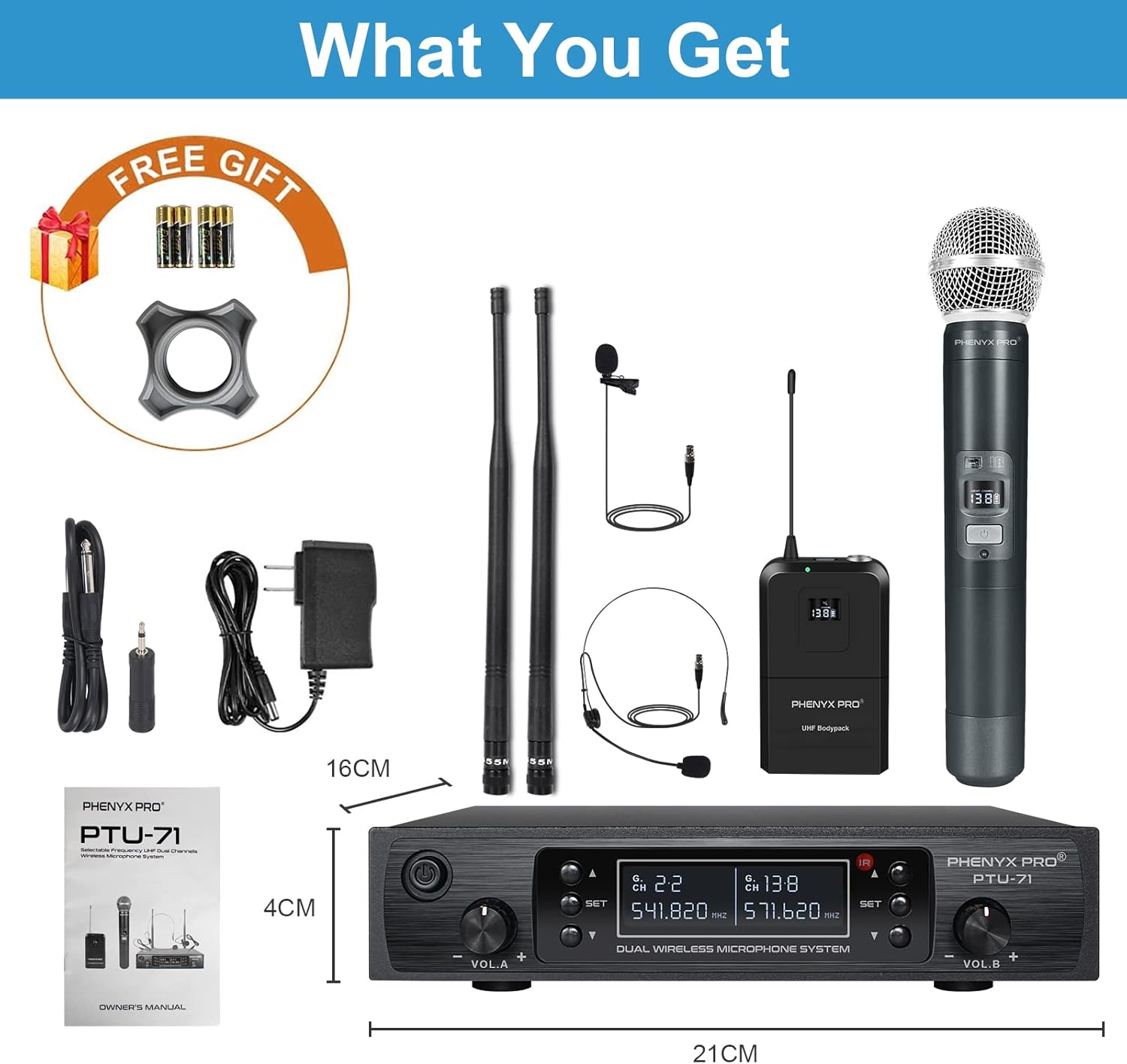 Wireless Microphone System, Phenyx Pro Dual Channel Cordless Mic Set with Handheld/Bodypack/Headset/Lapel, 2x100 Channels, Auto Scan, Lock Function