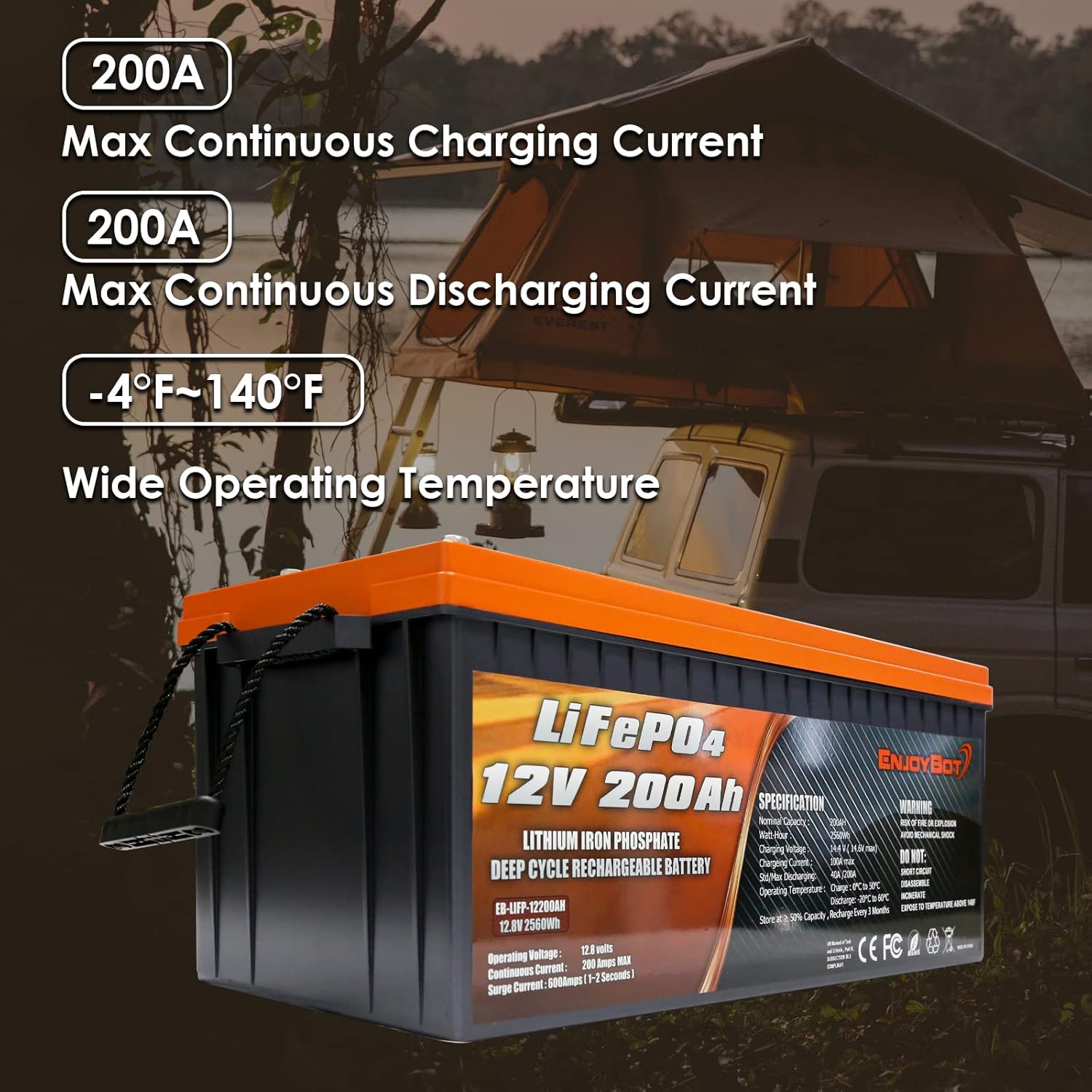 Enjoybot Deep Cycle Battery LiFePO4 12V 300Ah, Built-in 200A BMS, Lithium Iron Phosphate Battery for Solar RV Marine Camping