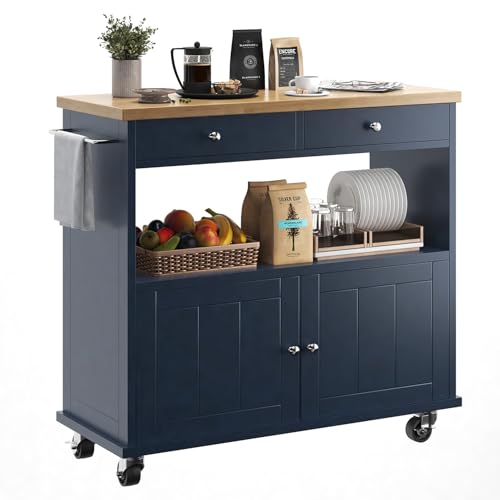 Rolling Kitchen Island with Storage Cabinet, 35.4'' Width Kitchen Cart, 2 Drawers Island Table, Portable Mobile Kitchen Island with Towel Rack