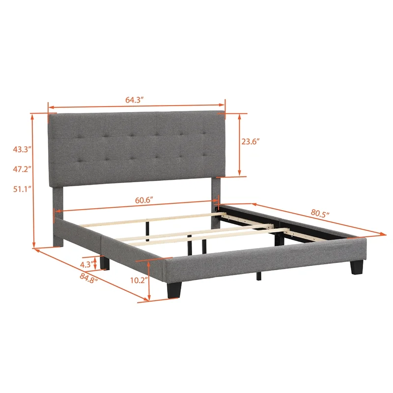 CRO Decor Upholstered Platform Bed with Tufted Headboard Gray Linen Fabric Queen