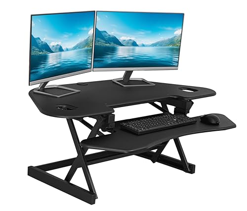 Rocelco 46" Height Adjustable Corner Standing Desk Converter with AC Outlet USB Charger and Dual Monitor Arm Mount