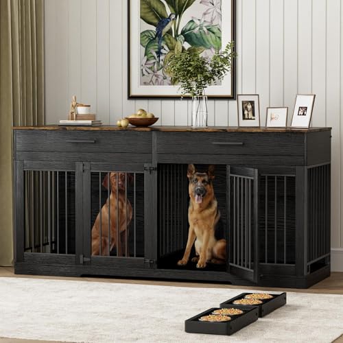 Rophefx 72" Dog Crate Furniture for 2 Dogs, Large Double Dog Kennel Indoor Furniture with 2 Storage Drawers and Removable Divider