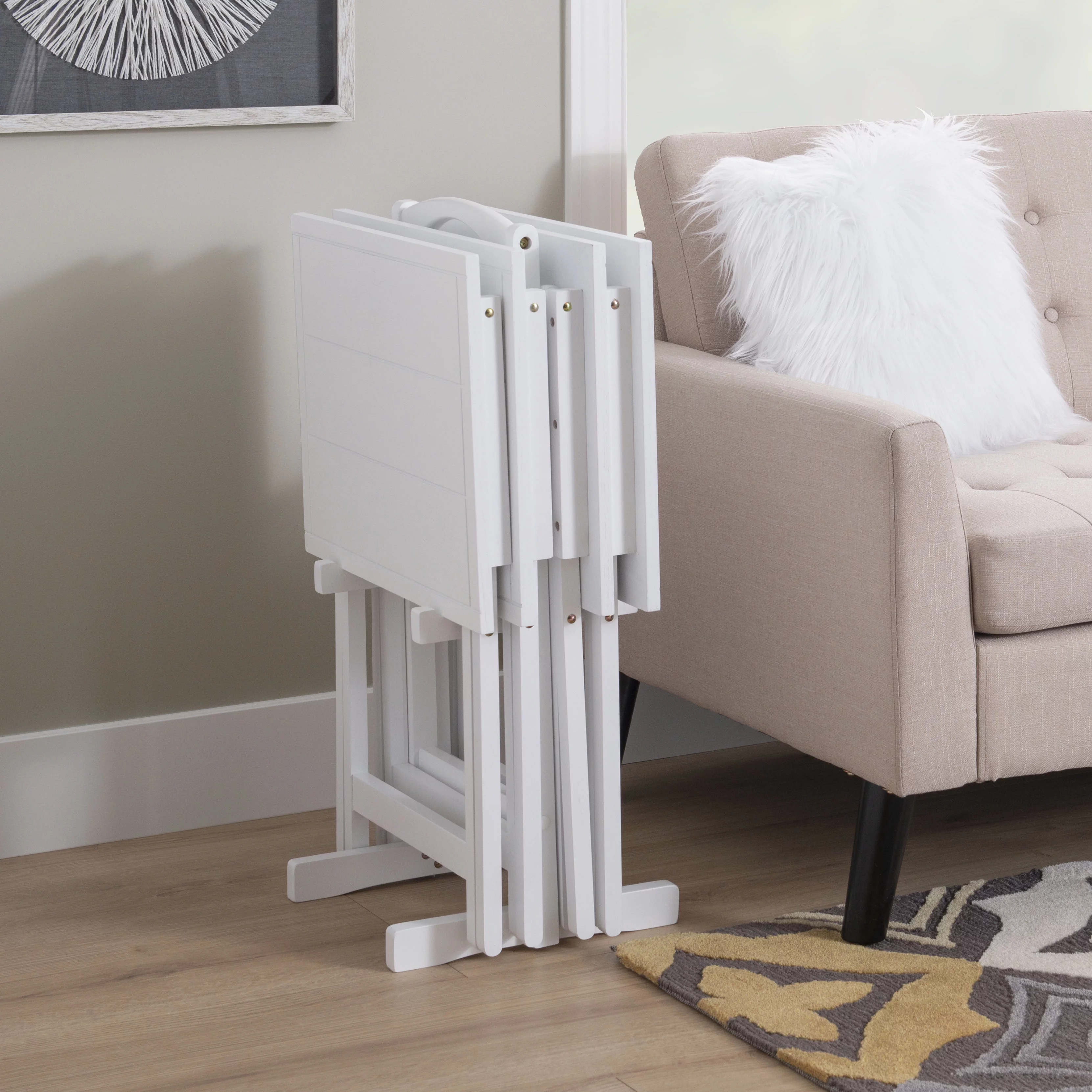 Lisbon Folding Tray Table Set with Stand, 5 Pieces, White