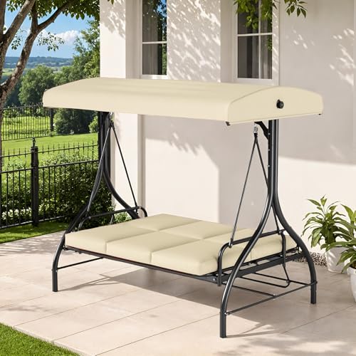 TLSUNNY 3-Seat Outdoor Patio Porch Swing with Adjustable Canopy & Backrest, Convertible Glider Bed with Stand, Removable Seat Cushion