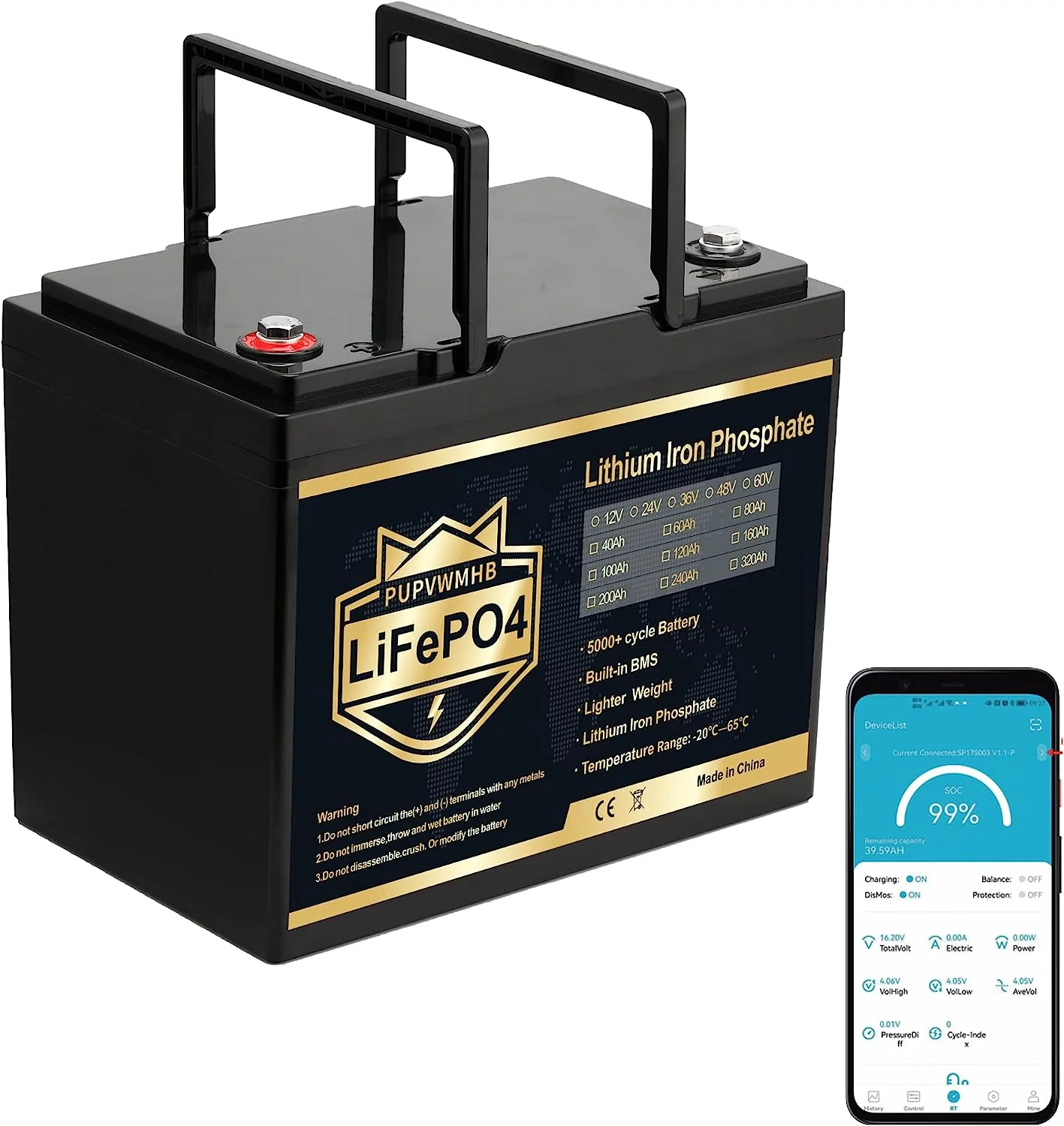 PUPVWMHB 12V 100Ah MINI LiFePO4 Lithium Battery, Bluetooth Lithium Battery,100A BMS,Up to 15000 Cycles