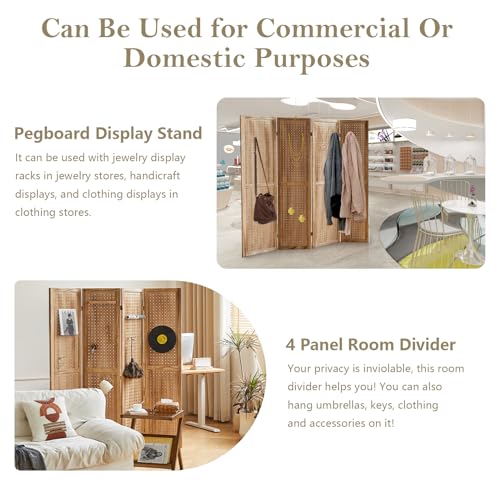 4 Panel Room Dividers and Folding Privacy Screens, 5.6Ft Wooden Pegboard Display, Privacy Dividers for Bedroom