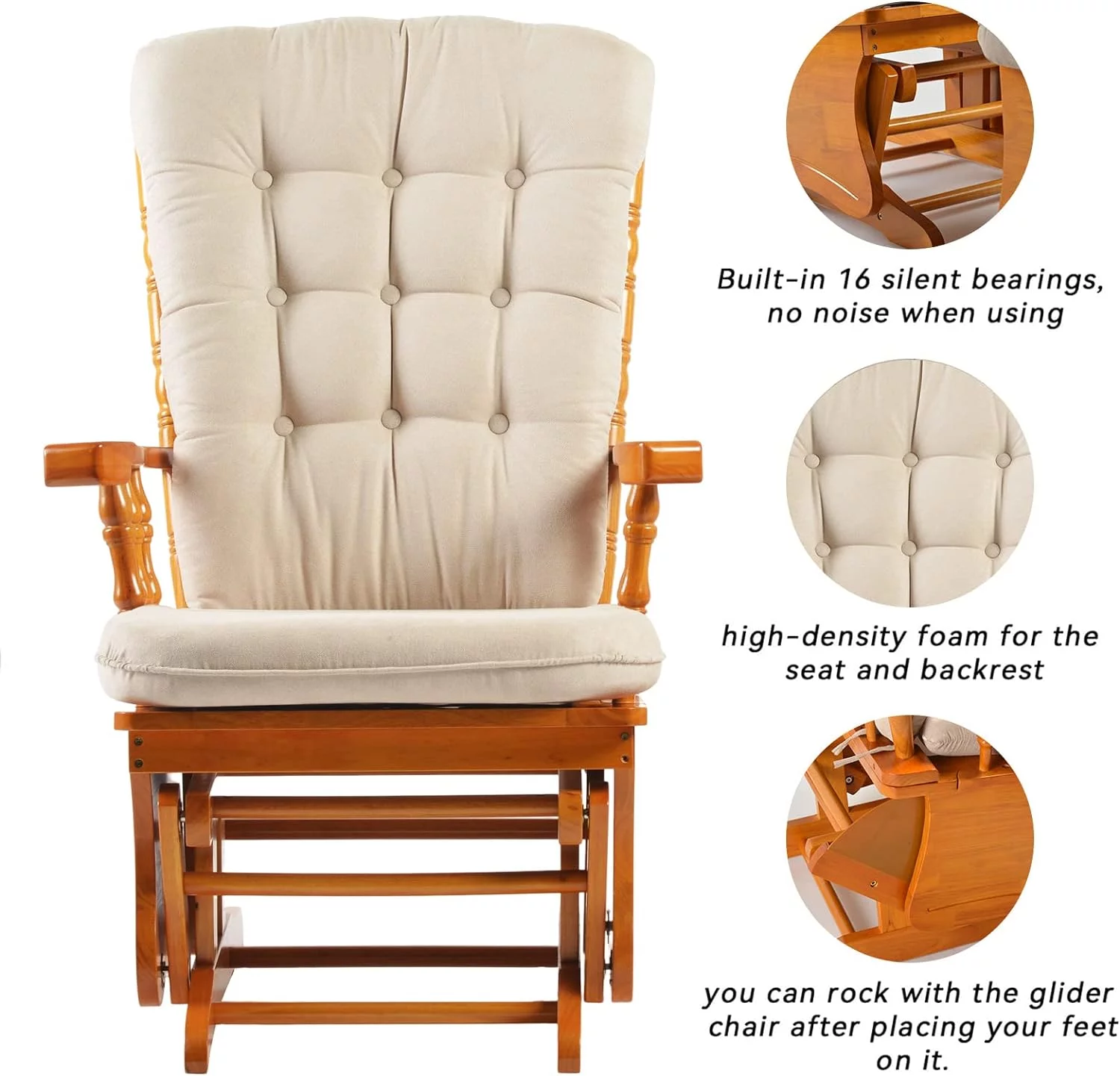 Rustic Glider Chair for Nursery with Ottoman, Resistant Rubber Wood Nursery Glider and Ottoman Sets for Relaxing
