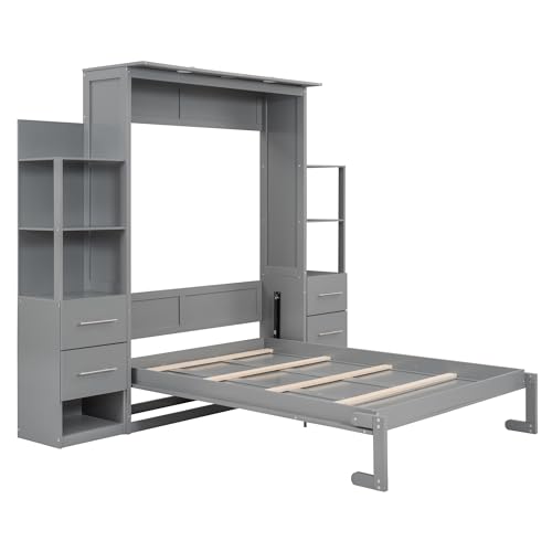 Full Size Murphy Bed with Drawers, Cabinets and USB Ports,Wood Murphy Bed Cabinet Bed Removable Shelves