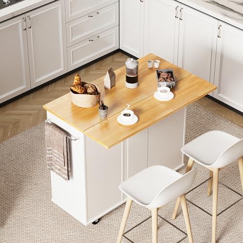 Shintenchi Rolling Kitchen Island Cart with Folding Drop Leaf Breakfast Bar, Portable Trolley Island with Large Storage Cabinet, Shelf and Drawer