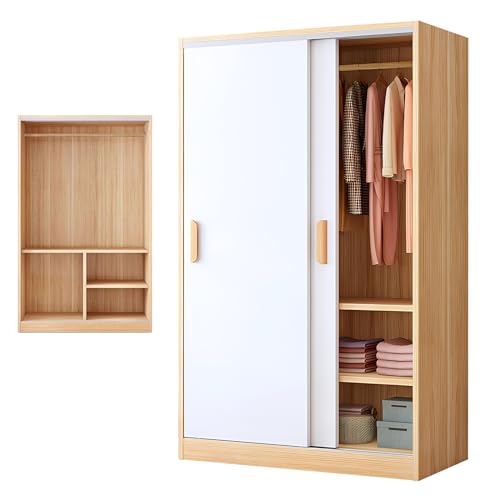 Modern Wood Double Sliding Door Bedroom Wardrobe,Freestanding Clothes Cabinet with Shelves and Clothing Rods