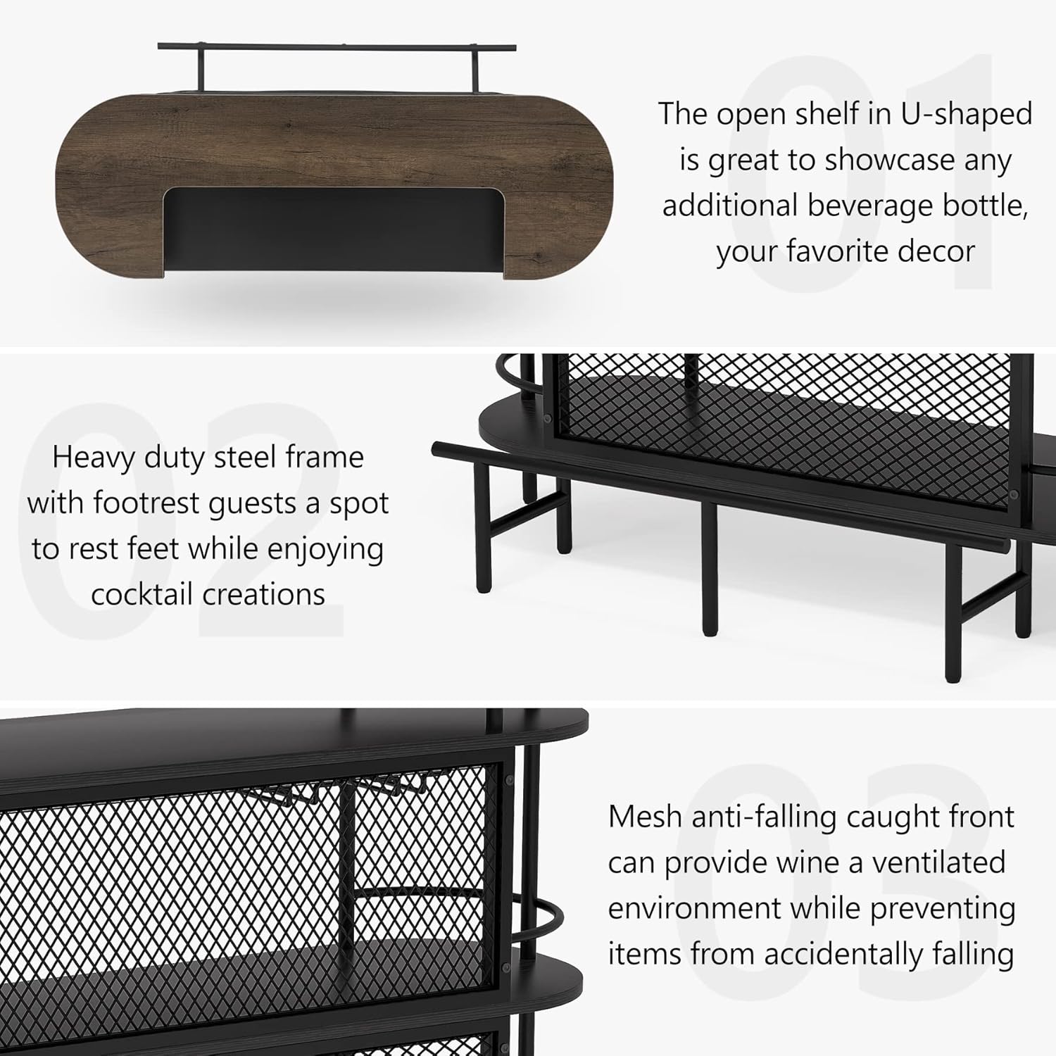 4 Tier Bar Cabinet Bar Unit for Liquor with Storage Shelves, Foot Rail and Wine Glasses Holder for Home/Kitchen/Bar/Pub, Black and Walnut