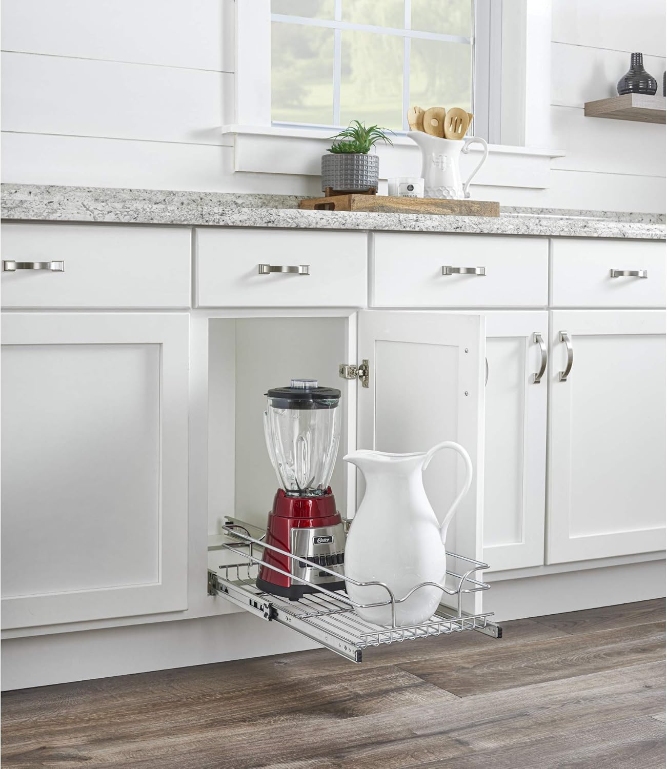 Rev-A-Shelf 5WB1-1222CR-1 12 Inch x 22 Inch Single Wire Basket Sliding Pull Out Shelf Storage Fully Assembled Durable Organizer for Kitchen Base