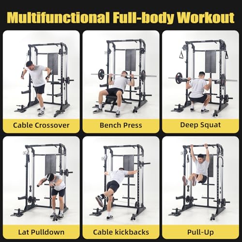Power Cage, 2000Lbs Capacity Power Rack with Cable Crossover and Dual Independent Pulley System, Workout Cage with Storage Board