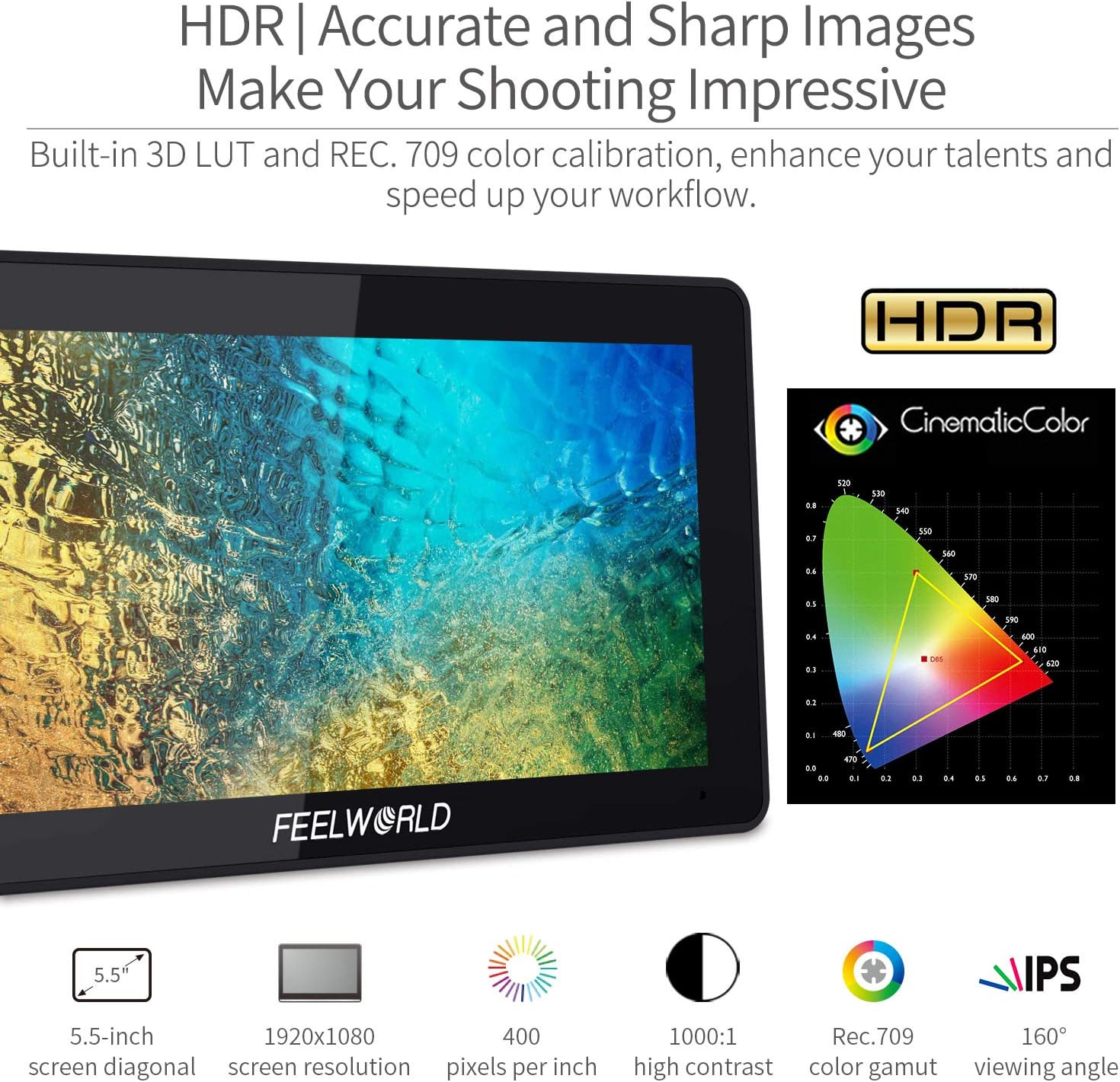 FEELWORLD F6 Plus 5.5 inch DSLR Camera Field Touch Screen Monitor with HDR 3D Lut Small Full HD 1920x1080 IPS Video Peaking Focus Assist 4K HDMI 8.4V