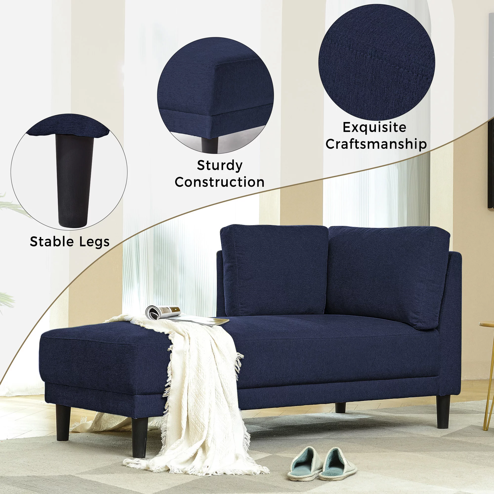 LANTRO JS 65" Mid Century Modern Fabric Corner Lounge Chair, Upholstered Indoor Chaise Lounge for Bedroom, Office