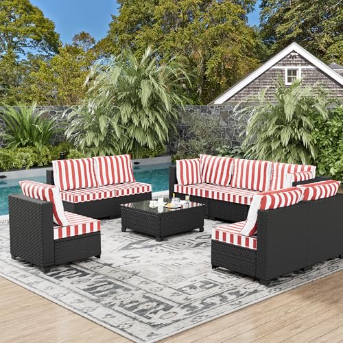8-Person Rattan Patio Conversation Sets Outdoor Furniture Set Sectional Sofa Group（Cushions Color: Beige and White Stripe）