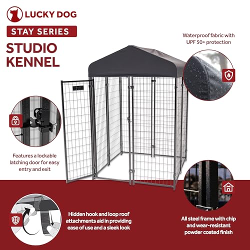 Stay Series 4 by 4 by 4.3 Feet Studio Jr. Black Powder Coat Steel Frame Outdoor Dog Kennel with Waterproof Canopy Roof and Gate Door, Khaki