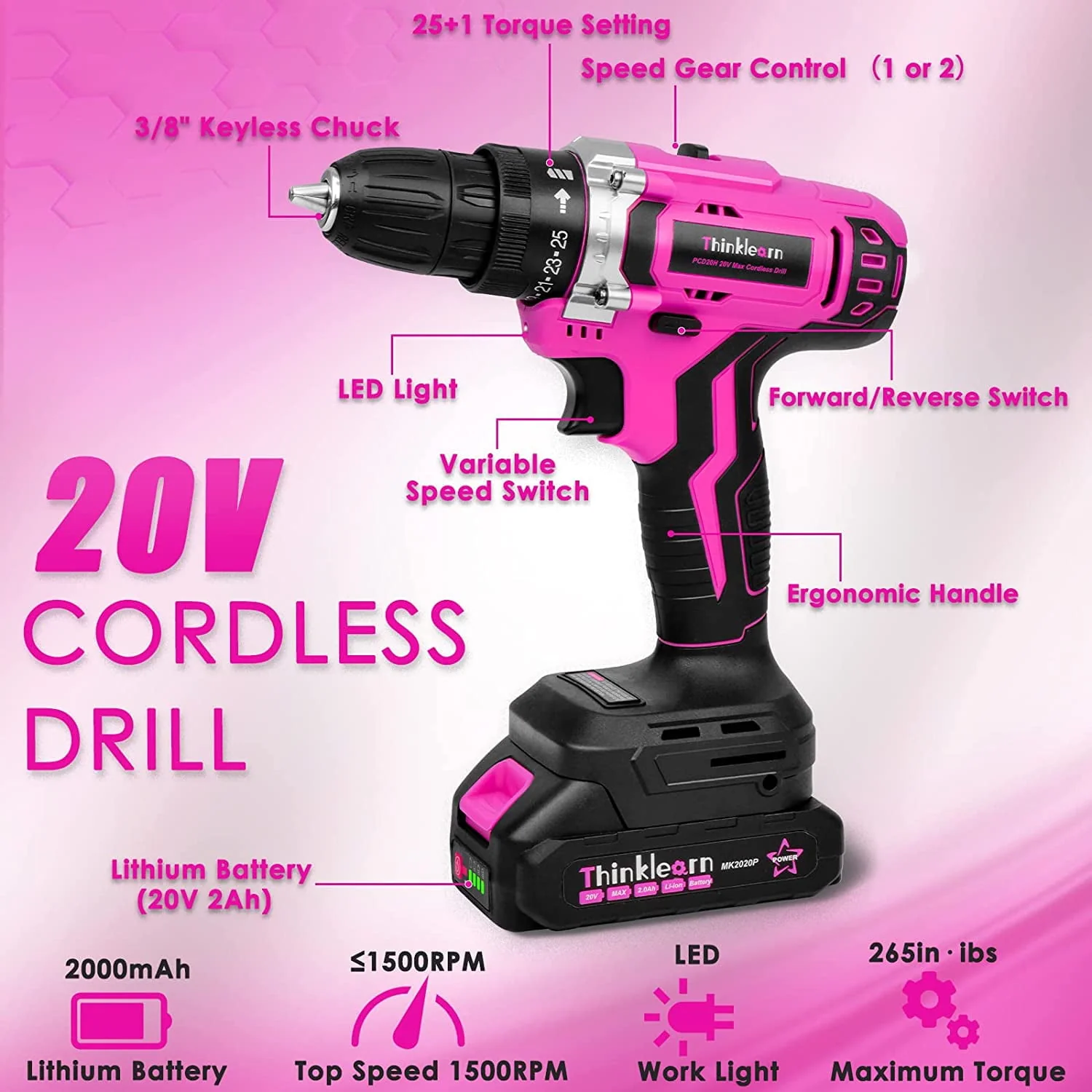 ThinkLearn Pink Tool Kit with 20V Cordless Drill(265in-lbs), Pink Drill Set for Women,Lady's Home Tool Kit for DIY