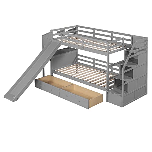 Full-Over-Full Castle Style Bunk Bed with 2 Drawers and 3 Shelves, Wood Bunk Bed Frame with Slide and Storage Staircase for Kids Teens Boys Girls