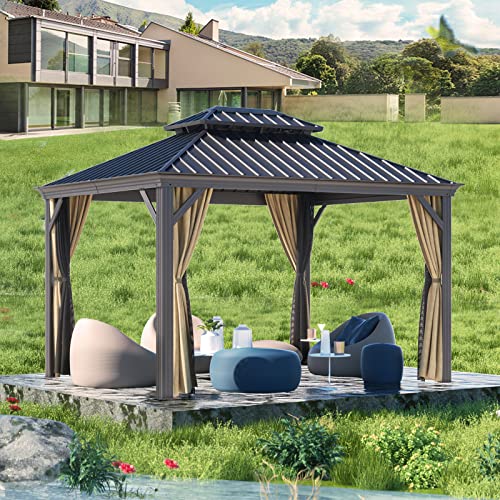 Gazebo 10' x 12' with Mosquito Net and Privacy Sidewalls, Patio Aluminum Permanent Gazebo, All Weatherproof Outdoor Hardtop Metal Gazebos，for Patio