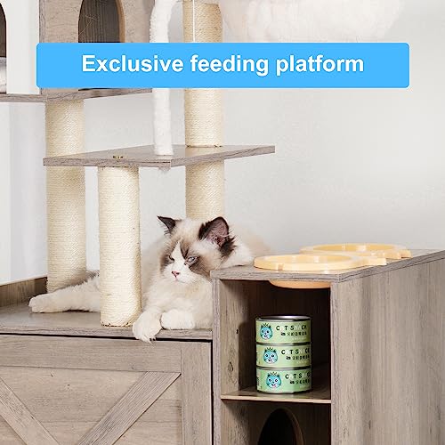 Hey-brother Cat Tree with XL Litter Box Enclosure, All-in-one Cat Tower for Indoor Cats with Large Hammock, Bed, Food Station, Scratching Posts