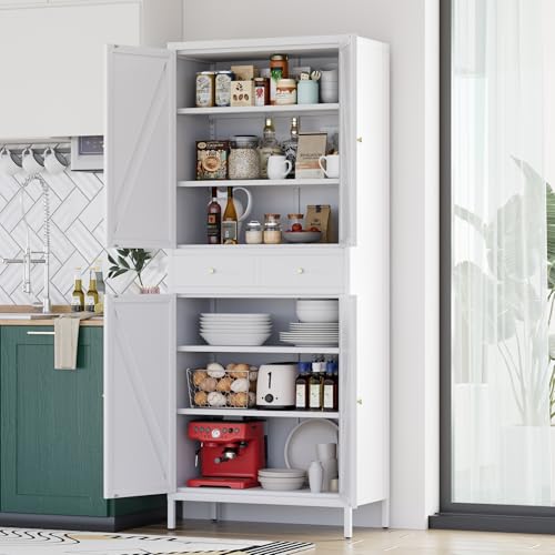 Tall Kitchen Pantry Cabinet, Metal Display Storage Cabinets with 4 Doors/2 Drawers for Kitchen Home Office Living Room, Assembly Required