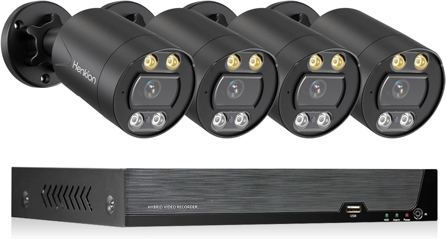 4K POE Home Security Camera System,Henkion 8CH NVR System 4pcs Wired 8MP Outdoor POE IP Cameras,8-Channel H.265 AI NVR,Starlight Color Night Vision