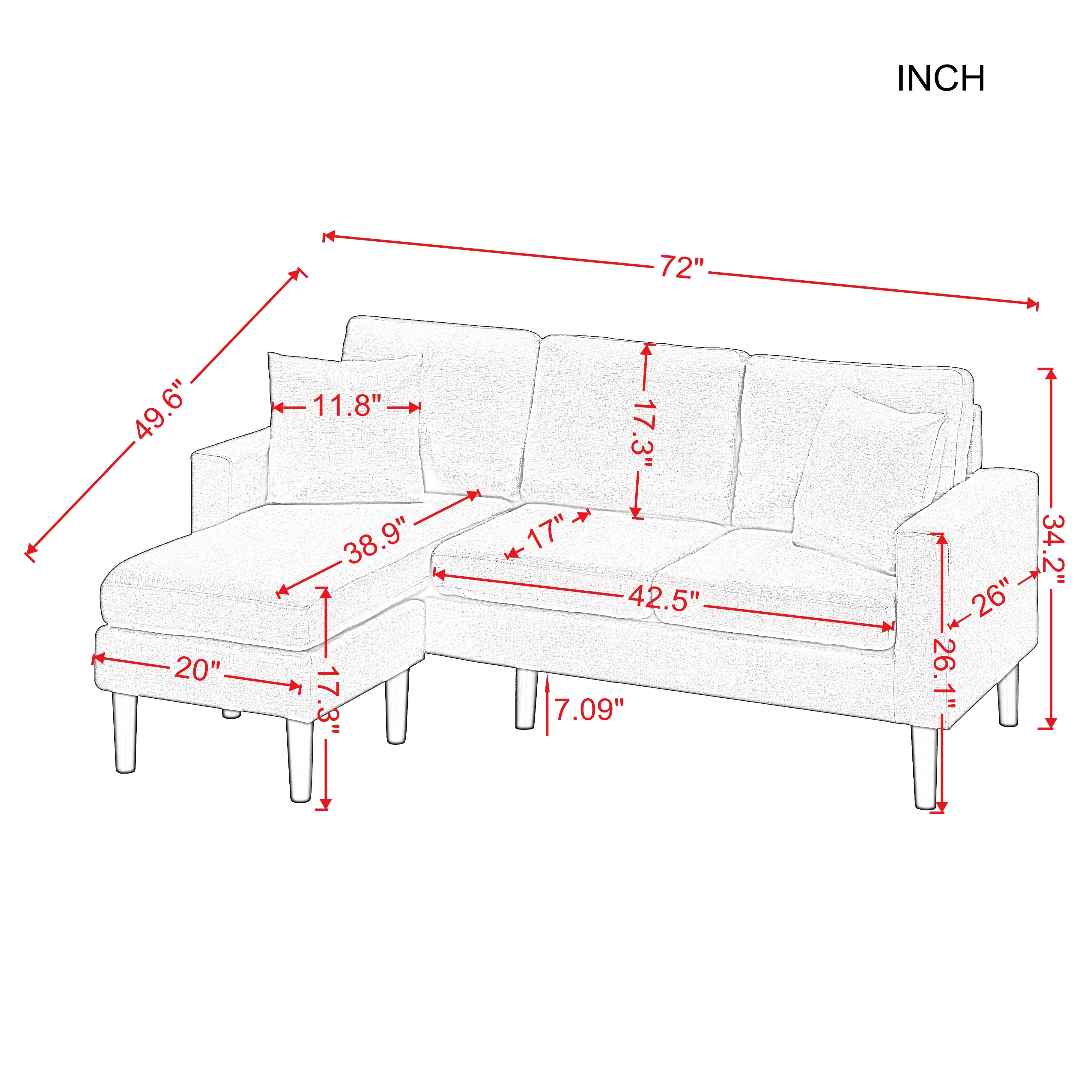 BSHTI 72 inch L-Shape Sectional Sofa, Left Hand Facing Couch with Two Pillows, Reversible Sectional Sofa Couch for Small Space(Navy Blue)