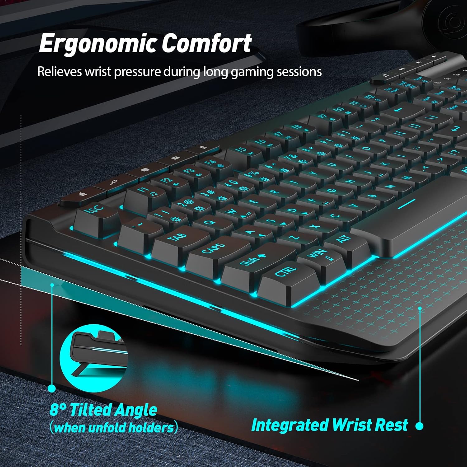 Gaming Keyboard, Qwecfly Wireless Gaming Keyboard, Rechargeable Backlit Keyboard, Wireless Wired Dual-Mode Quiet Keyboard with Ergonomic Wrist Rest