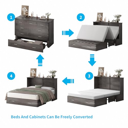 Mjkone Queen Size Cabinet Murphy Bed with Tri-Fold Mattress, Modern Multipurpose Wall Cabinet Chest Bed