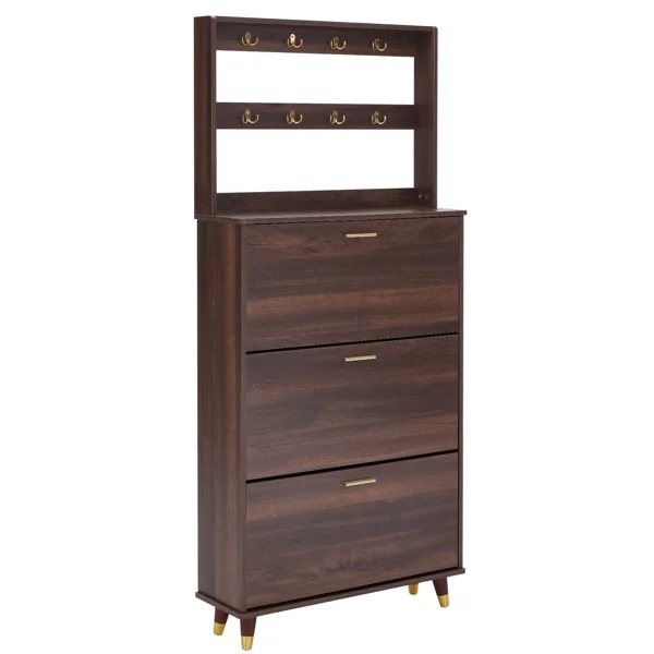 SYTHERS Hall Tree, Entryway Armoire Closet Coat Rack Freestanding with 12 Hooks & 3 Shoe Cabinets, Brown