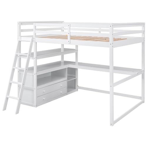 Full Size Loft Bed with Desk & Wardrobe, Solid Wood Kids Loft Bedframe w/3 Storage Drawers & 2 Shelves, Maximum Space Design, for Bedroom, Dorm, Gray