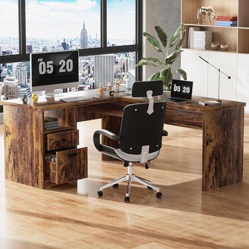 Unikito L Shaped Desk with Lift Top and Drawer, Large Office Desk with Power Outlets and USB Charging Ports