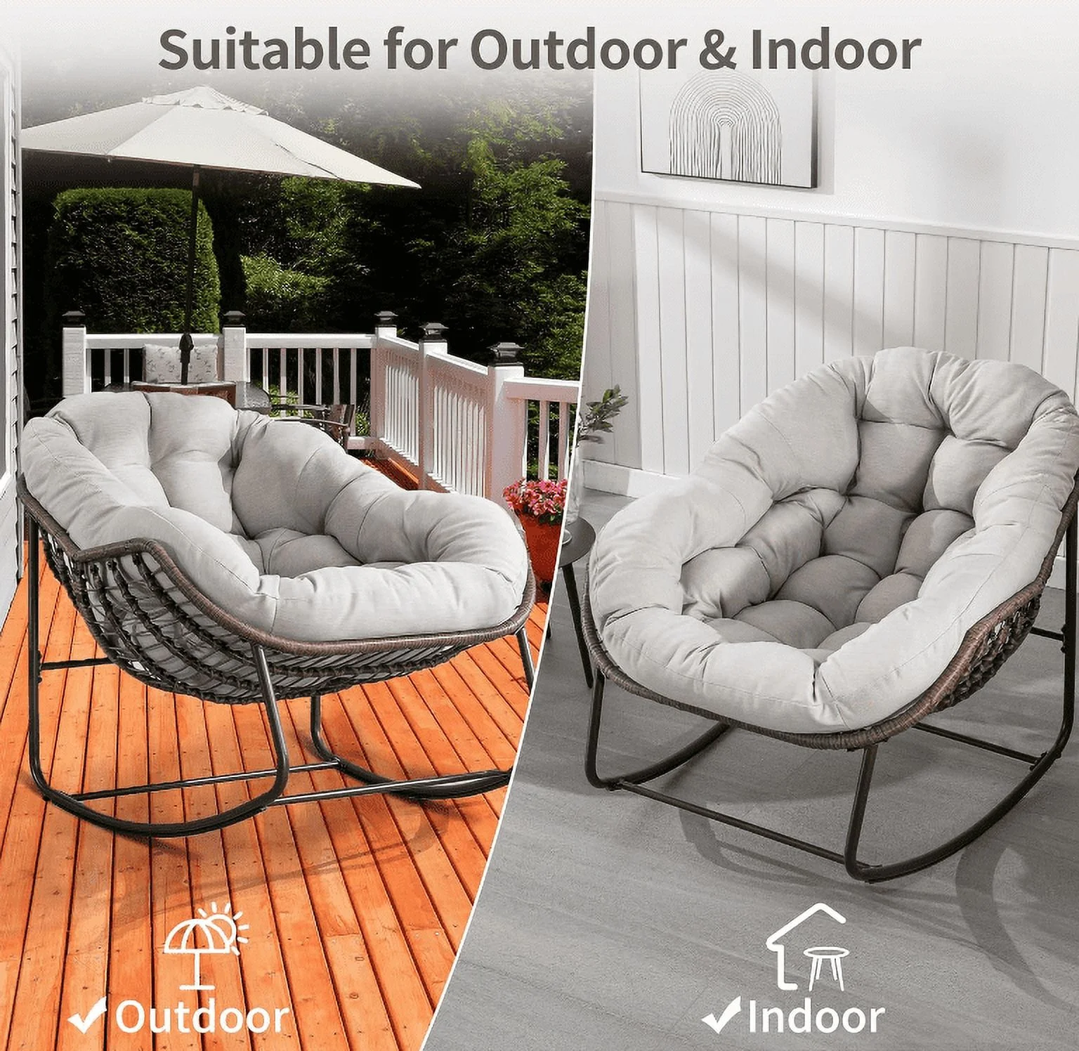 Villeston Outdoor Patio Rocking Chairs, Oversized Papasan Rocking Chair Indoor with Padded Cushion - Rocker Egg Chair for Front Porch, Garden, Patio