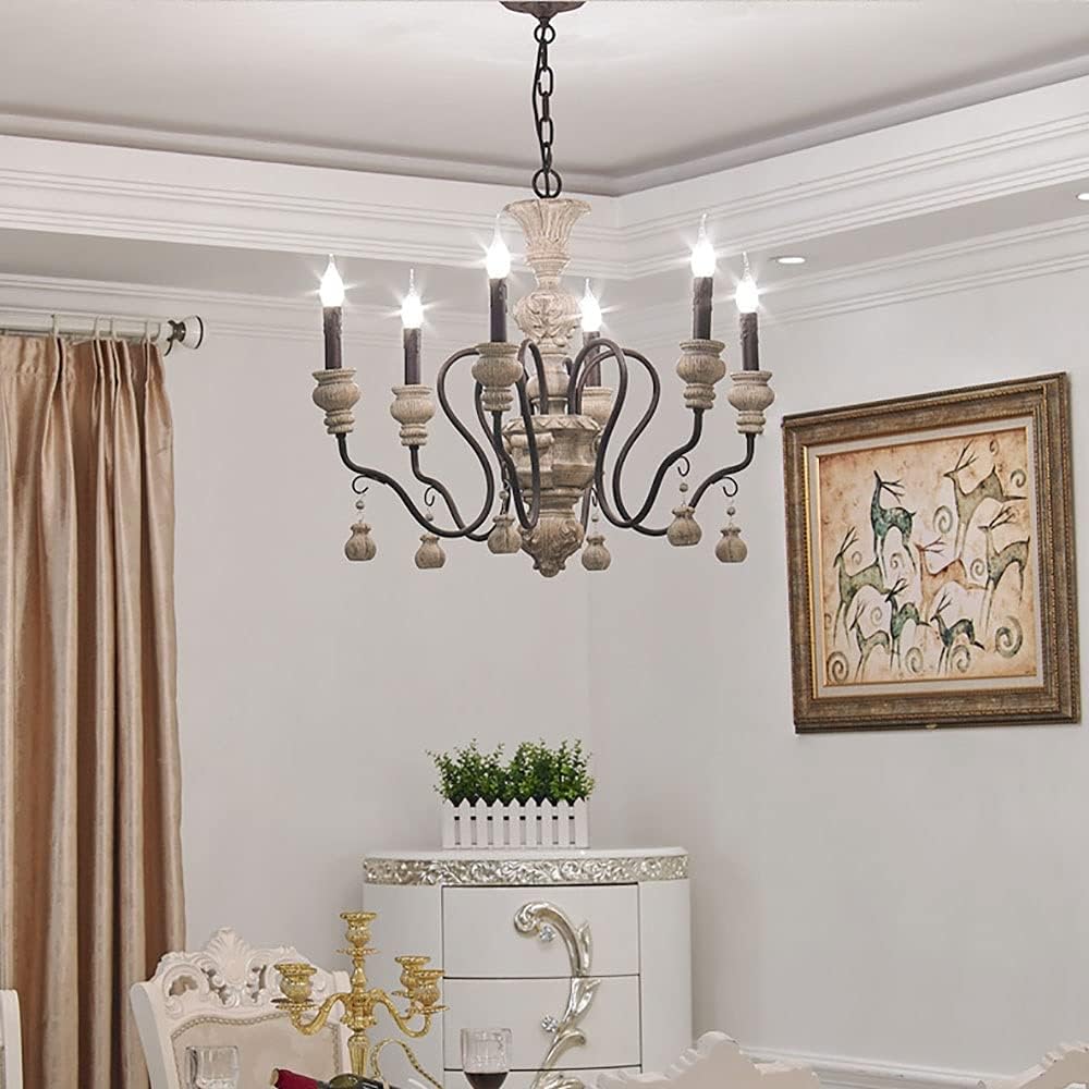 French Rustic Farmhouse Candle Chandelier, 6-Lights Chic Dining Room Lighting Hanging, Kitchen Island Light, Industrial Iron Chandeliers for Foyer