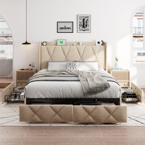 iPormis Queen Bed Frame with 4 Storage Drawers, Upholstered Platform Bed Frame with Charging Station, Modern Wingback Storage Headboard