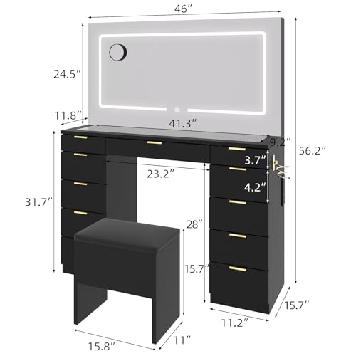 Farmhouse Vanity Desk with Sliding Lighted Mirror & Stool, Vanity Dresser Combo, Large Makeup Vanity with 8 Storage Shelves, 5 Drawers