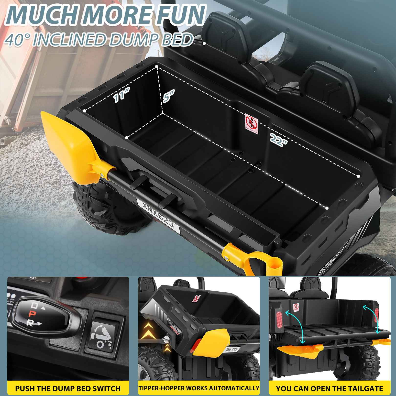 Vibespark 24 V 2x200W Kids Ride on Dump Truck with Remote Control, 2 Seater Electric Powered 4-Wheel UTV Toys