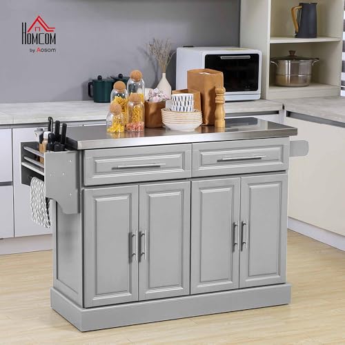 HOMCOM Rolling Kitchen Island Cart with Wheels, Portable Island Table for Kitchen with Stainless Steel Top, Adjustable Shelves, 2 Drawers, Spice