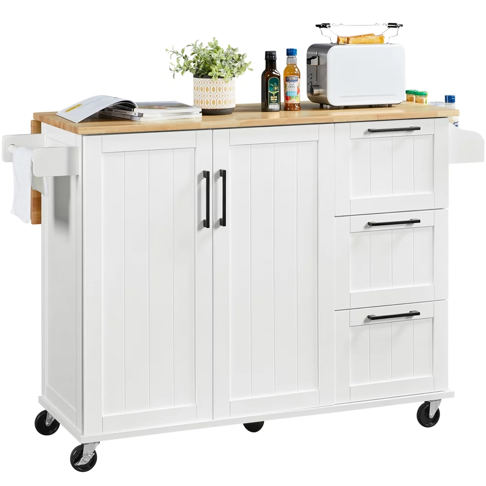 Yaheetech Rolling Kitchen Cart Kitchen Island with Wood Top and Drop Leaf Breakfast Bar,White