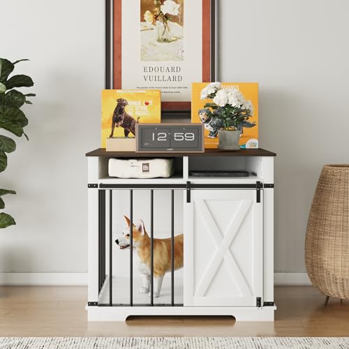 Aoowow Large Double Dog Crate Furniture 72.4" Indoor Dog Kennel with Sliding Barn Door and Divider