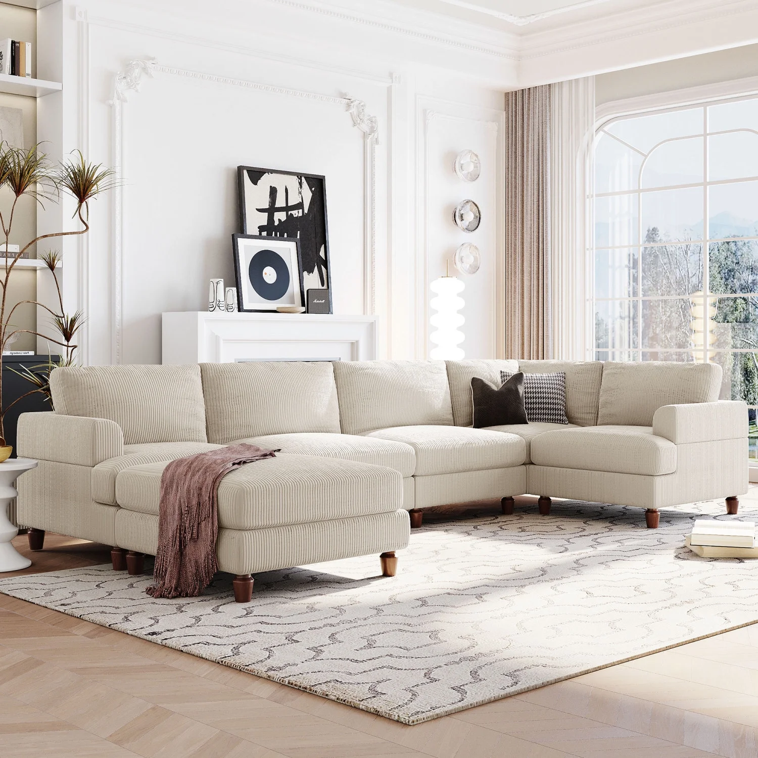 Churanty Modular Sectional Sofa with Ottoman,Oversized 3 Seat Free Combination Corduroy Couch Sofa with Chaise for Living Room,Beige